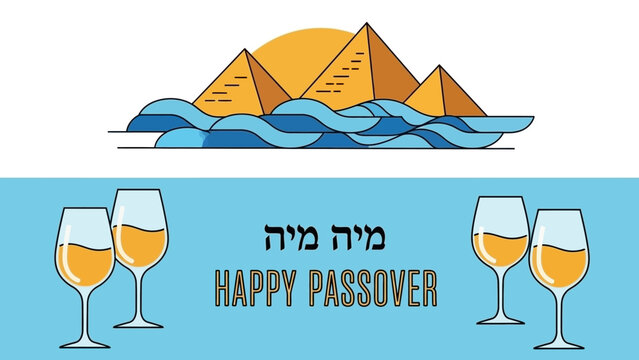 Happy Passover celebration with wine and pyramids.