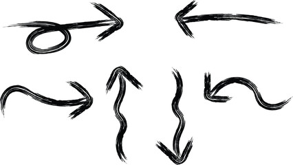 A collection of abstract black brushstroke arrows pointing in various directions on a plain white background