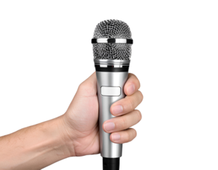Hand holding a silver microphone with a blank label 