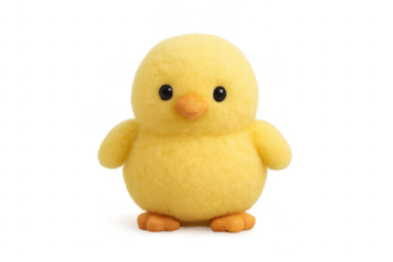 Yellow fluffy chick toy standing on transparent background