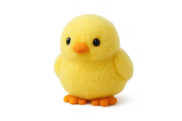 Yellow fluffy chick toy standing on transparent background