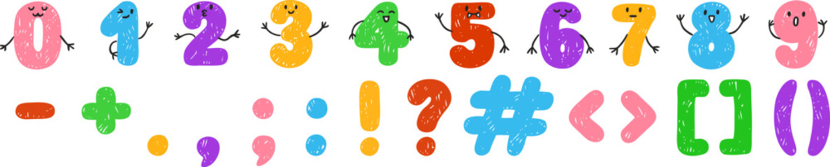 Obraz premium Colorful crayon font vector sketch, numbers and punctuation marks, kids chalk, pencil typeface alphabet faces and hands