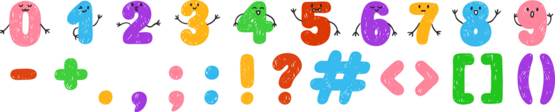 Colorful crayon font vector sketch, numbers and punctuation marks, kids chalk, pencil typeface alphabet faces and hands