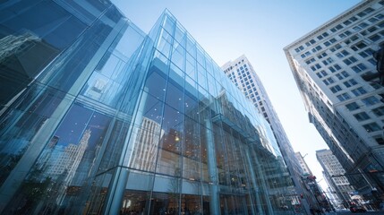 Fototapeta premium Modern glass building reflecting urban city skyscrapers