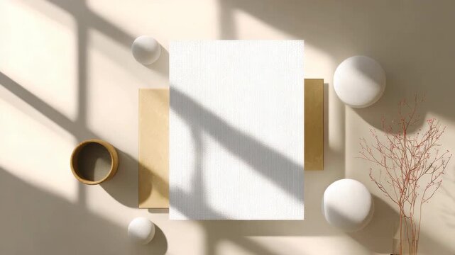 Minimalist artistic workspace with blank canvas and sculptures in sunlit studio