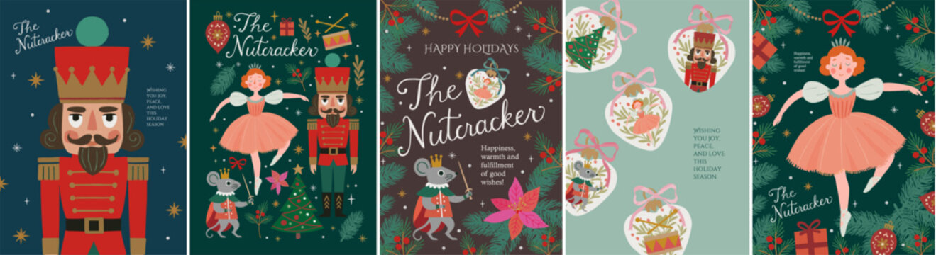 Nutcracker Christmas vector illustrations featuring the Nutcracker soldier, ballerina, Mouse King,  festive ornaments, gifts for greeting card, poster, wrapping paper, background