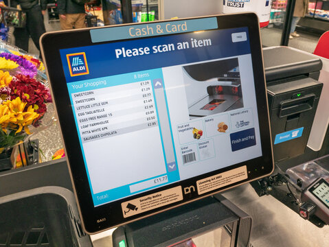 England, UK - December 28, 2025: Screen of Aldi supermarket self scanning payment till