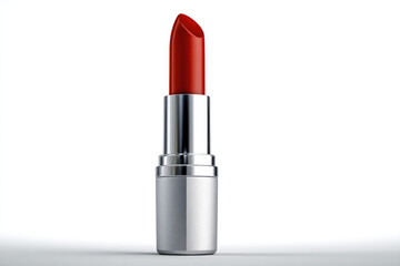 Obraz premium Red lipstick standing upright with silver tube, vibrant color, beauty product, isolated on white background, modern cosmetic style