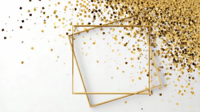 Elegant gold frames with confetti on white background