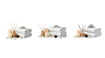 Spa setting with towels, candles, and aroma sticks.