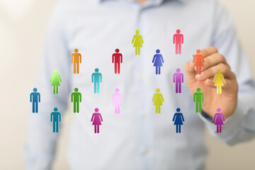 Diverse group of colorful icons forming social connections, networking. Representing inclusion,...