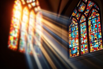 Stunning church interior featuring vibrant stained glass windows and luminous natural light beams