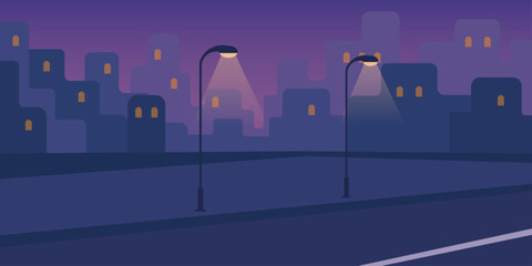 Urban dusk street illustration. Streetlights and building silhouettes stretching wide. Warm moody sky at twilight. Horizontal city layout. Calm evening atmosphere.