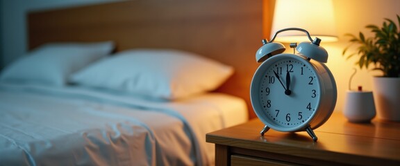 Simple analog alarm clock showing 10:30 PM on wooden nightstand, intentional bedtime and time awareness discipline