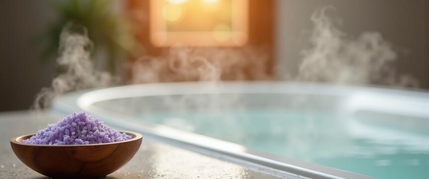 Clean bathtub with lavender bath salts in wooden bowl and rising steam, evening relaxation and self-care ritual. Bath Time Preparation - Powered by Adobe