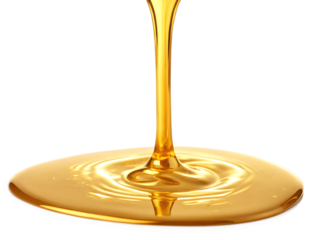 Streams of molten gold liquid pouring down with metallic reflections and rippling surface isolated on a transparent background