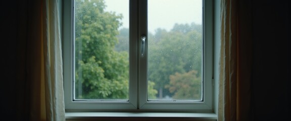 Open window with falling rain visible outside, fresh cool air and natural soundscape for better sleep