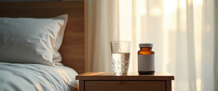 Glass of water and sleep supplement bottle on wooden nightstand in soft morning light, conscious health choice and fresh start