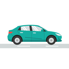 Fototapeta premium Modern teal sedan car illustration in a flat style, side profile view on a road.