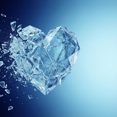 Obraz premium Shattered ice heart fragmenting into pieces against a gradient blue background, symbolizing love, loss, and emotional fragility in a visually striking composition