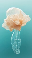 Abstract pale plastic bag forms a flower shape against a turquoise backdrop, showing delicate folds and transparency.