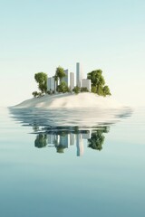 Green city buildings and trees on a sand island reflected in calm ocean water under a clear sky