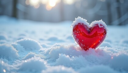 Obraz premium Red heart-shaped object covered in snow, resting on a snowy surface, with soft sunlight filtering through trees in the background, symbolizing love and winter romance