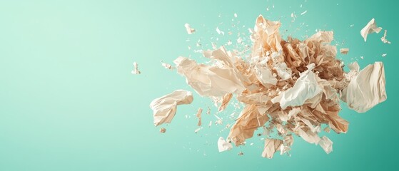 Light brown paper fragments exploding outward against a soft turquoise background, dynamic motion, abstract event.