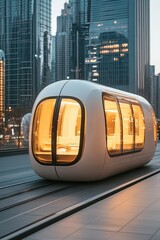 Modern capsule transport moving on elevated tracks in a futuristic city with glowing windows and tall glass buildings at dusk.
