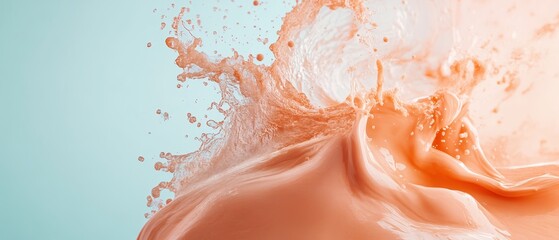 Coral liquid splashes and cascades against a soft aqua backdrop, creating dynamic motion and beautiful textures.
