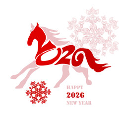 Holiday card Happy New Year 2026. Stylized image of a fire horse according to the Eastern Chinese calendar. Astrological New Year.	
