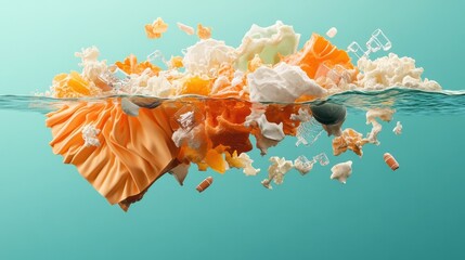 Floating abstract orange and white shapes with clear pieces suspended in aqua blue water.
