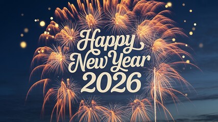 Vibrant fireworks illuminate the night sky with Happy New Year 2026 greeting