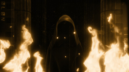 An Old Film Style Dark Cloaked Figure and Stone Pillars