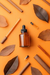 Amber liquid in dropper bottle surrounded by cinnamon sticks and brown leaves on an orange background.