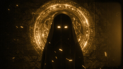 Cloaked Figure in a sepia film style with Glowing Eyes