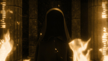 An Old Film Style Cloaked Figure and Stone Pillars