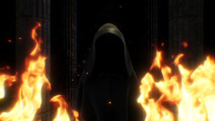 Dark Cloaked Figure and Stone Pillars