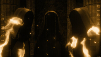 Hooded Figures and Stone Pillars Surrounded By Flames