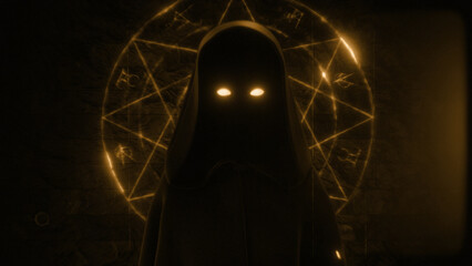 Old Film Cloaked Figure with Magical Symbol