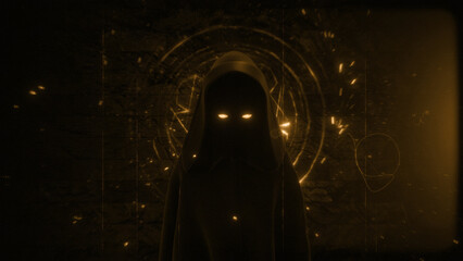 Old Film Of Dark Cloaked Figure with Magical Symbol