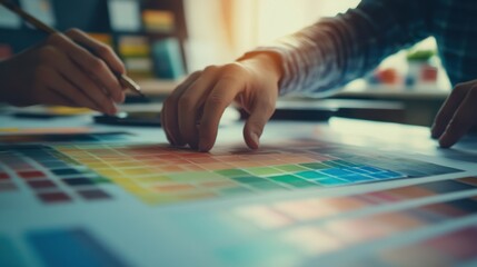 Artistic collaboration: designers choosing color palettes in the design studio