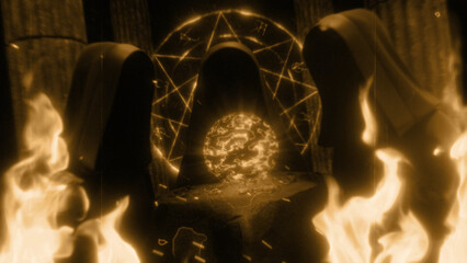 Sepia Film Hooded Figures Stood Around a Magical Orb