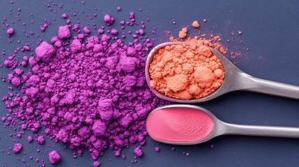 Two spoons hold colorful powder pigments, one with vibrant orange and the other with bright pink, next to a pile of purple dust on a dark surface.