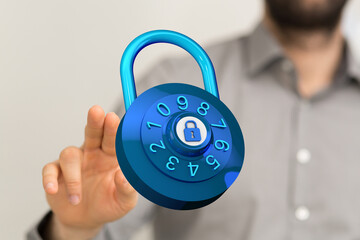 Close-up of a man's hand interacting with a digital padlock, symbolizing online security and data protection co