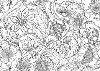 Ornate floral seamless pattern. Coloring page design. Elegant hand-drawn botanical motif with repeating layout for textile, wallpaper, classic flowers and foliage create a background