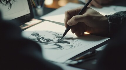 Illustrator Creating a Dynamic Ink Sketch on Paper, Showcasing Artistic Process