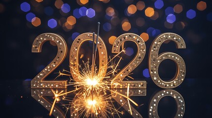 Celebrating a festive new year with sparkler-lit 2026 greeting card design against a dark background with bokeh lights