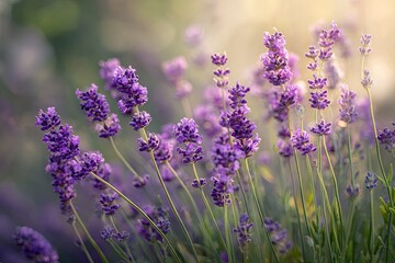 Obraz premium Close-up of vibrant purple blooms in a sunlit garden setting with soft bokeh