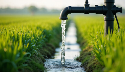Black water pump shoots a powerful stream of water into a narrow irrigation canal in the middle of a lush green agricultural field.